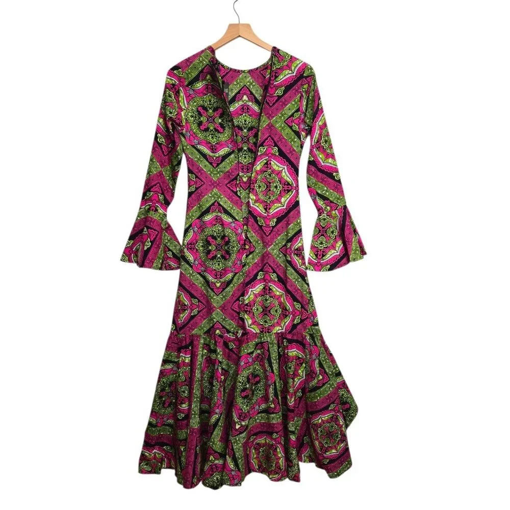 OFUURE Womens Large Pink Green African Print Colorful Maxi Dress Bell Sleeve - Picture 6 of 7